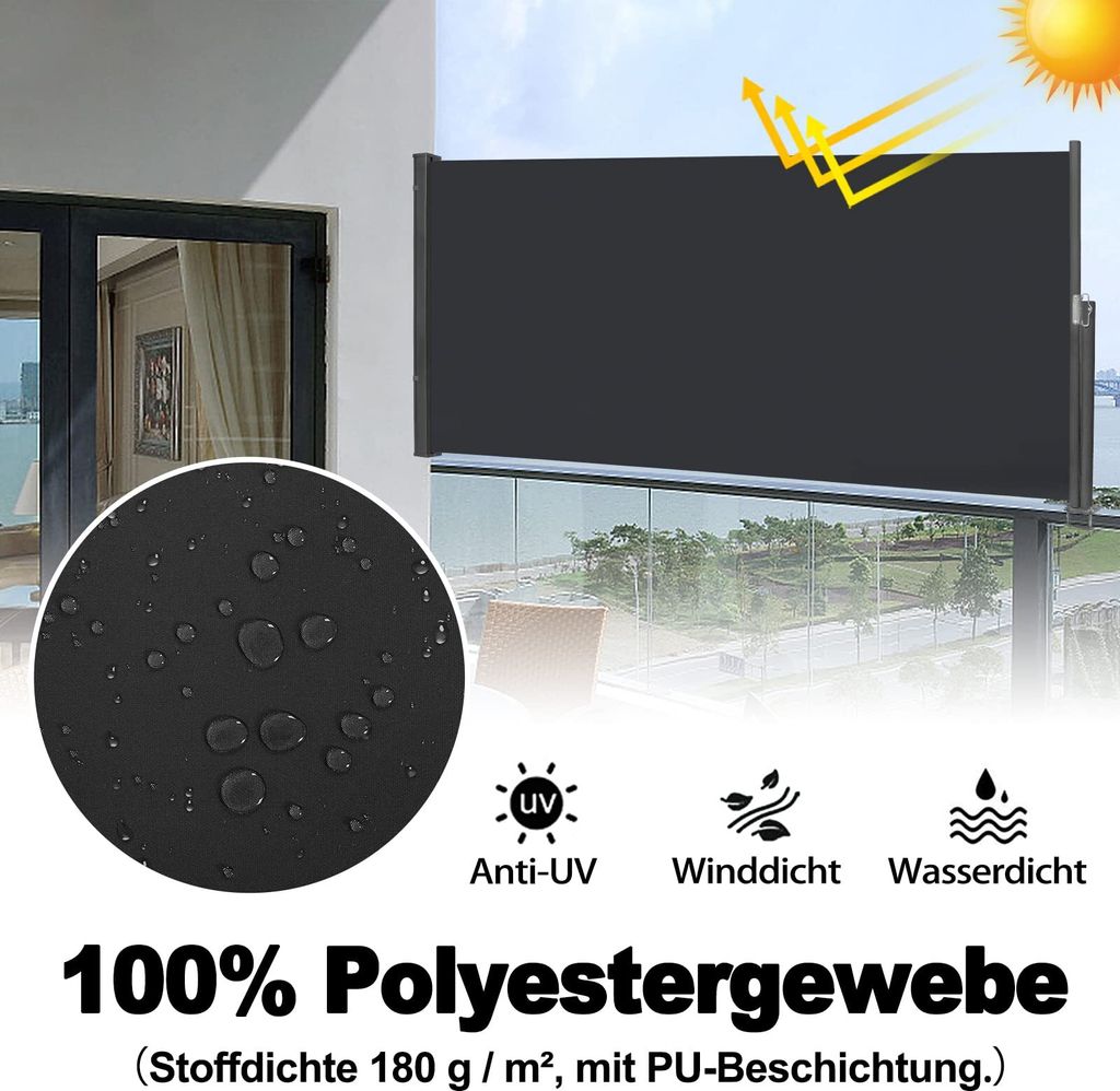 TRMLBE Seitenmarkise 140x300 cm Balkon Sichtschutz Ausziehbar Seitenrollo 100% Polyester Alu Ständer Sichtschutzwand UV-Schutz Blickdicht Markise ...