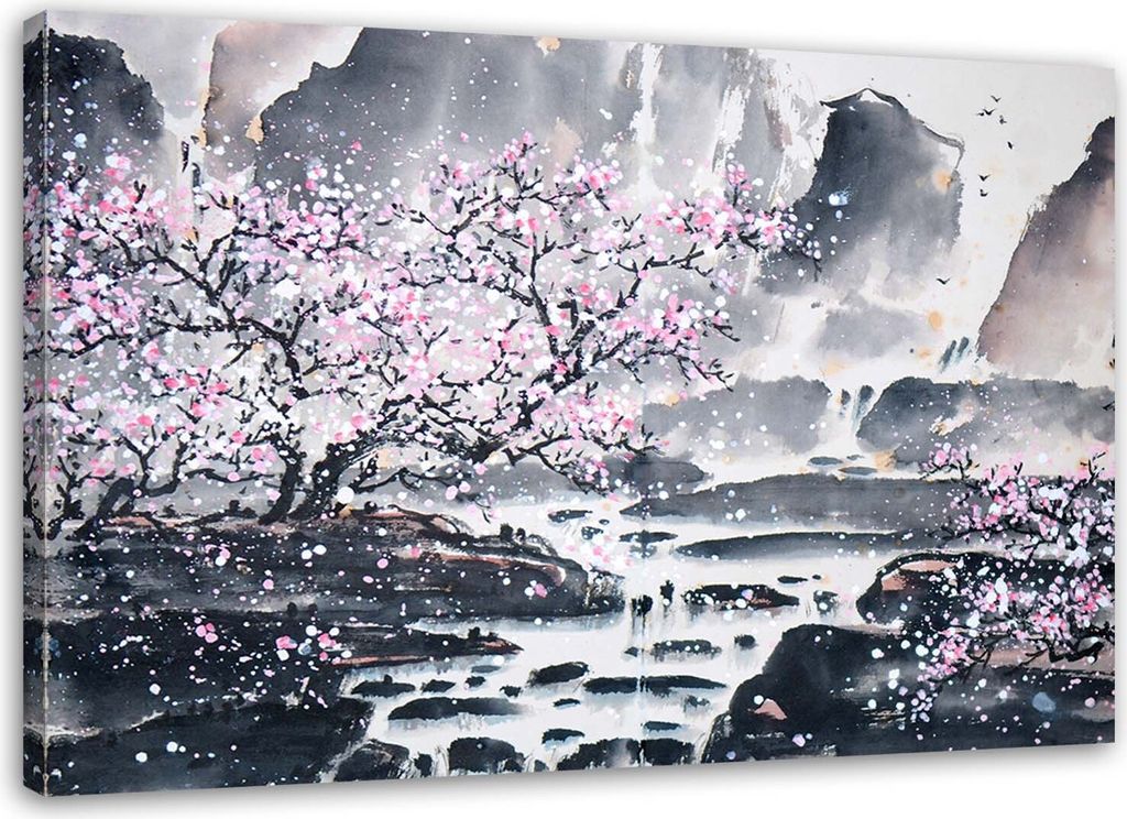 Leinwandbild japanische aquarell-landschaft 60x40 cm Feeby grau wandbild bereit zum aufhängen