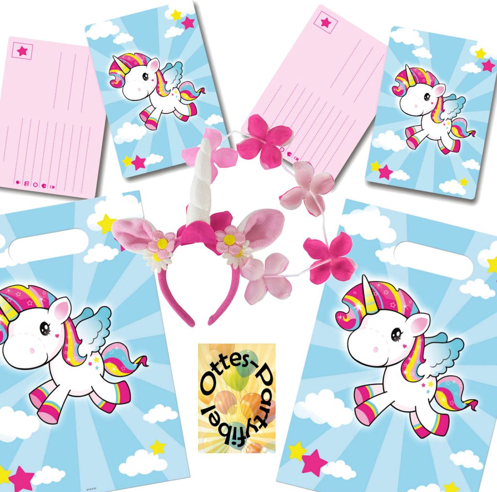 Baby-Einhorn-Party-Set Erweiterung2 Einladungen Mitgebseltüten Einhorn-Haarreif