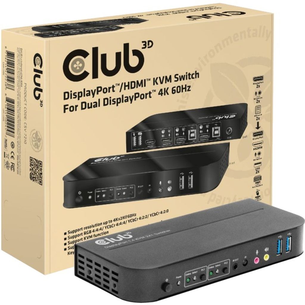 Club3D KVM Switch 4K60Hz 2x DP > HDMI oder DP/2xUSB/Audio
