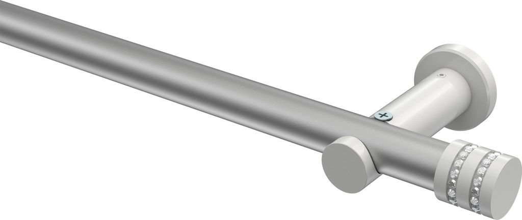 Interdeco Gardinenstange / Vorhangstange Silbergrau / Weiß, Typ Platon Estana (Glitzerkappe) ohne Ringe, 20 mm Ø 1-läufig, 400 cm