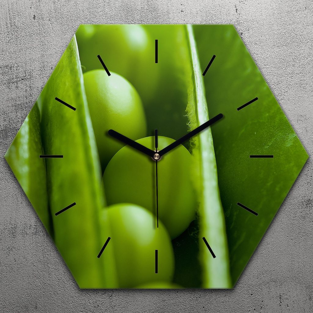 Uhr hexagonal 40 cm Glas Geräuschlos schwarze Zeiger - frische grüne Erbsen