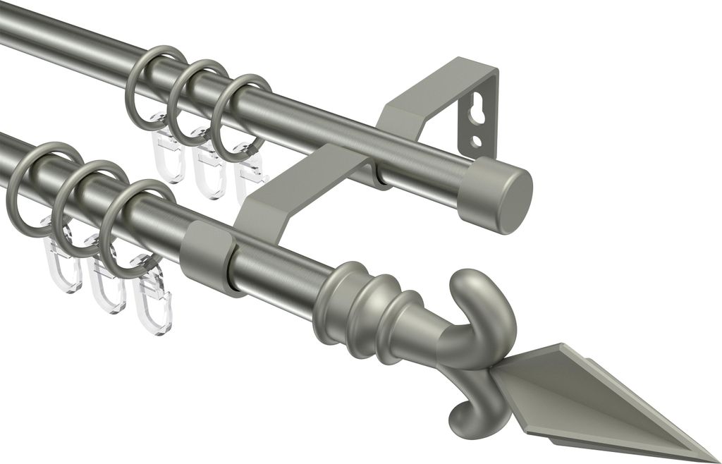 Interdeco Gardinenstange / Vorhangstange Edelstahl-Optik / Chrom matt, Typ Olymp Matteo (Pfeil), 16 mm Ø 2-läufig, 280 cm