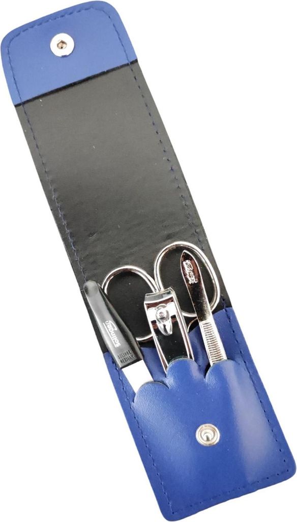 4-teiliges Solingen* Maniküre Set mit echt Leder Etui, Nagelschere, Feile, Pinzette Royalblau