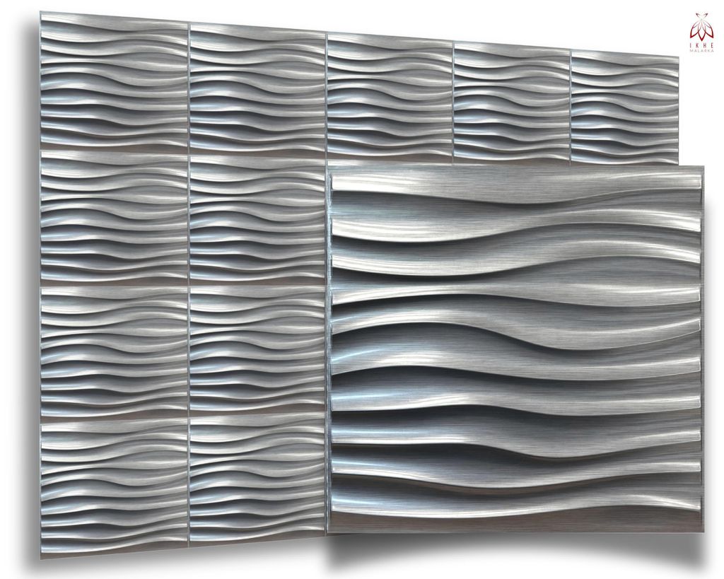 A display of silver-colored 3D wall panels with a wavy texture, arranged in a grid.