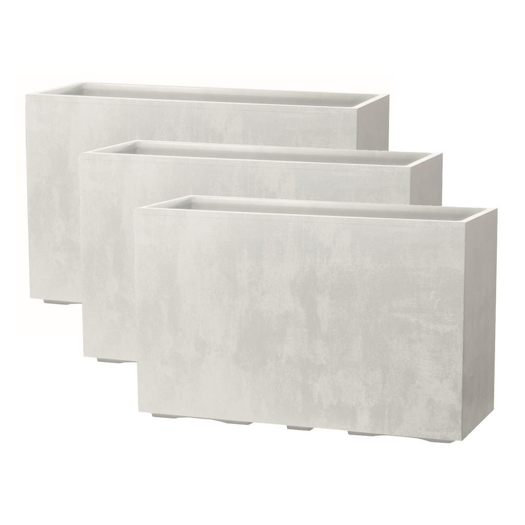 Kreher XXL Sichtschutz Pflanzkasten hoch 93L - 98x38,5x62 cm - doppelwandig & rollbar, mit Entwässerungsstopfen - Naturstein Optik, 3 Stück Weiß