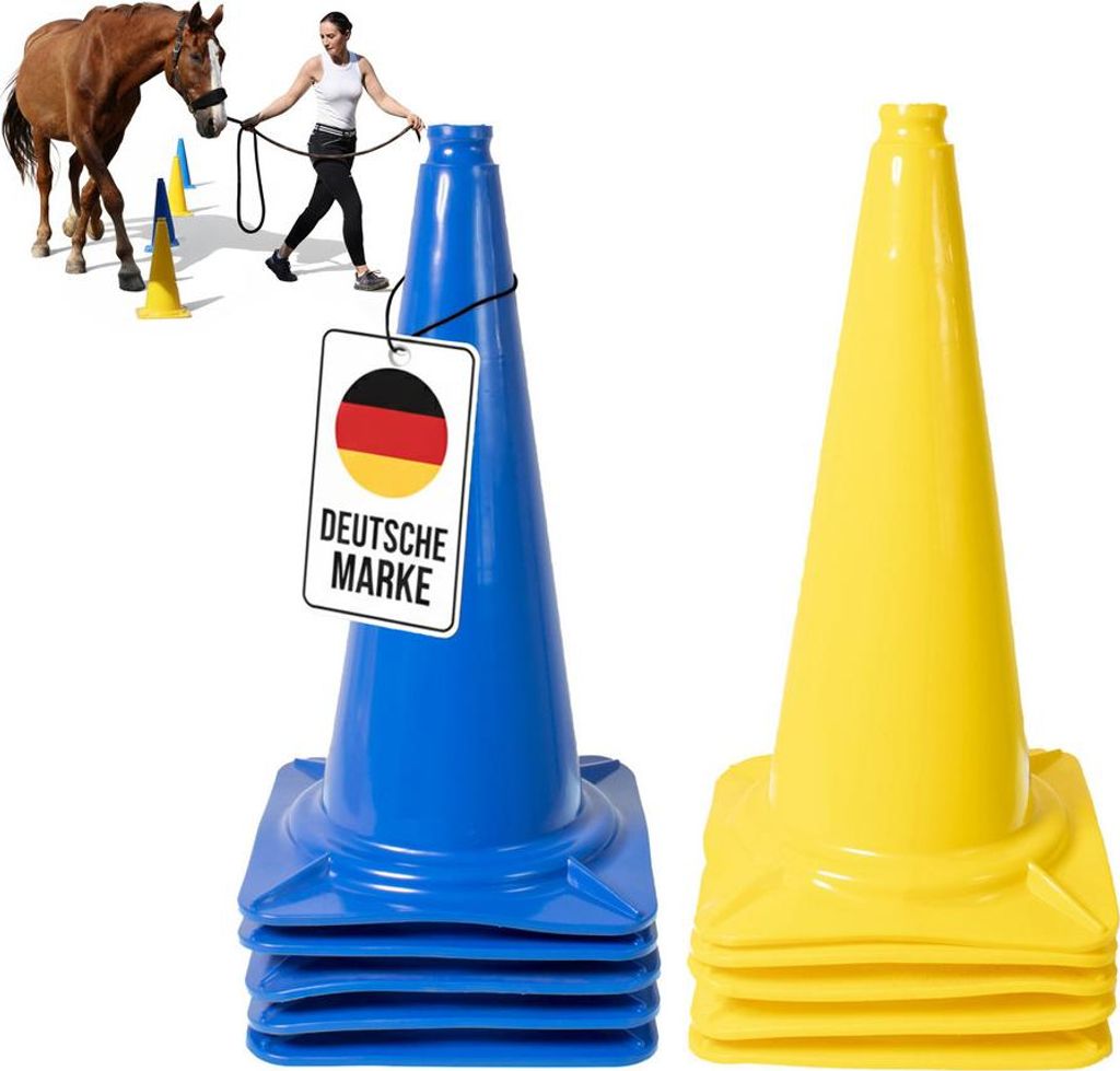 A horse and rider training with cones, with stacks of blue and yellow cones in the foreground.