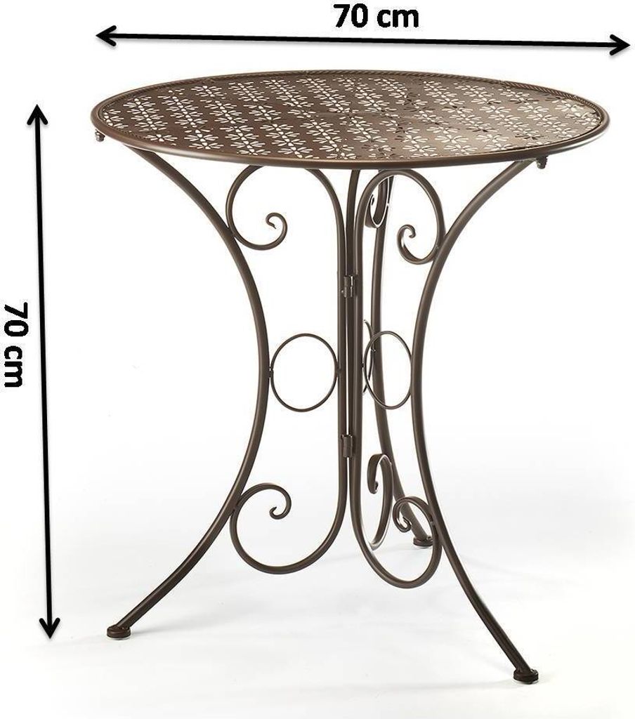 A brown metal bistro table with a decorative top and ornate legs, shown against a white background with dimensions indicated.