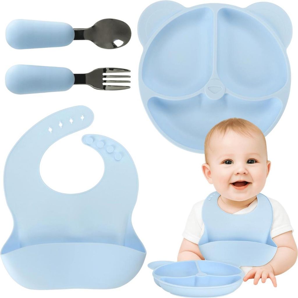 Silikon Geschirr Set Kinder Blau sicher weich langlebig ideal zum Essenlernen für Baby Kleinkind Alltag und Reise