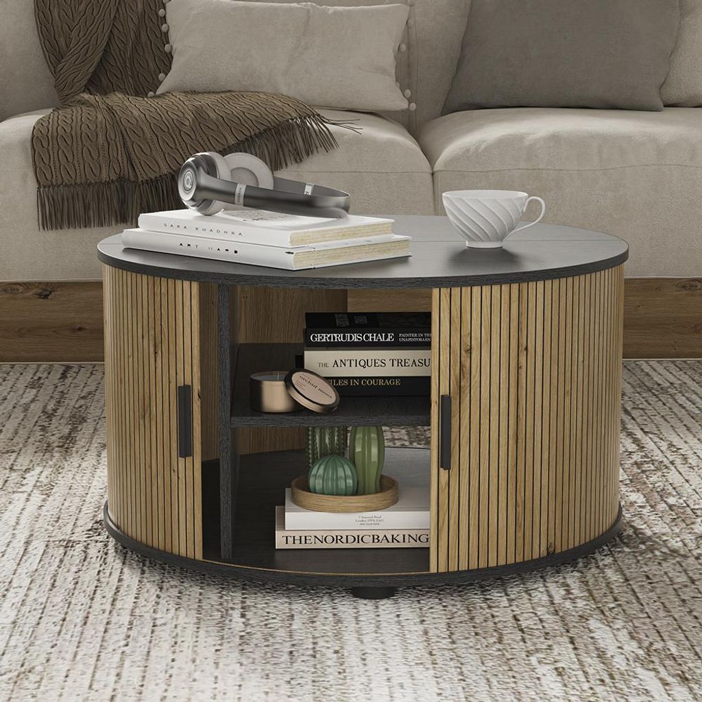 Table basse Vicco Selva Chêne/noir 80x80cm avec porte Image du produit 