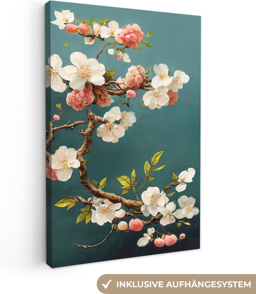 OneMillionCanvasses - Leinwandbilder - 90x140 cm, Blumen - Blüte - Kirsche - Zweig - Weiß, Wandbilder Kunstdruck Wanddekoration - Foto auf Lein...