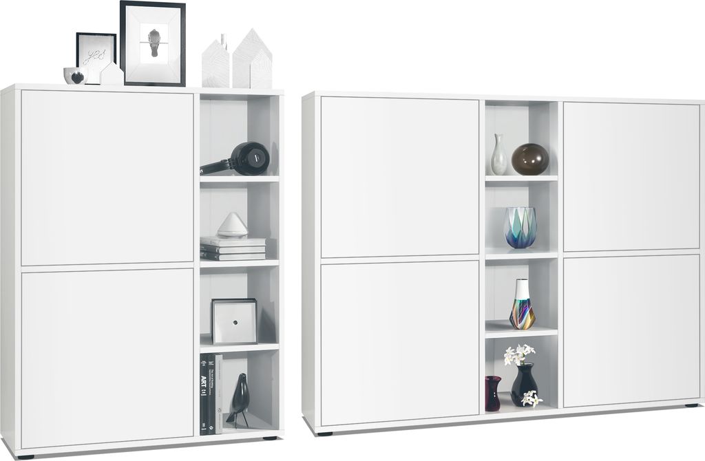 Vladon Wohnraum Set Miami, bestehend aus zwei Highboards mit insgesamt 6 Türen und 8 Fächern, Korpus Weiß matt, Fronten Weiß matt