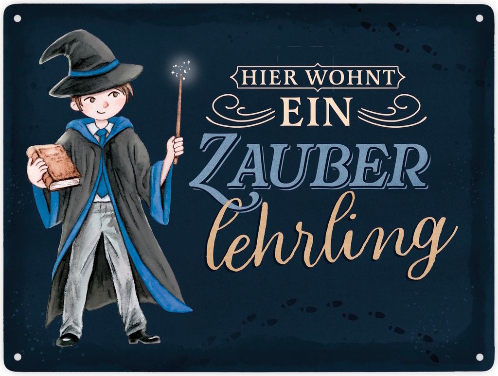 Zauberschüler Metallschild XXL in 28x38 cm in blau mit dunklem Hintergrund und