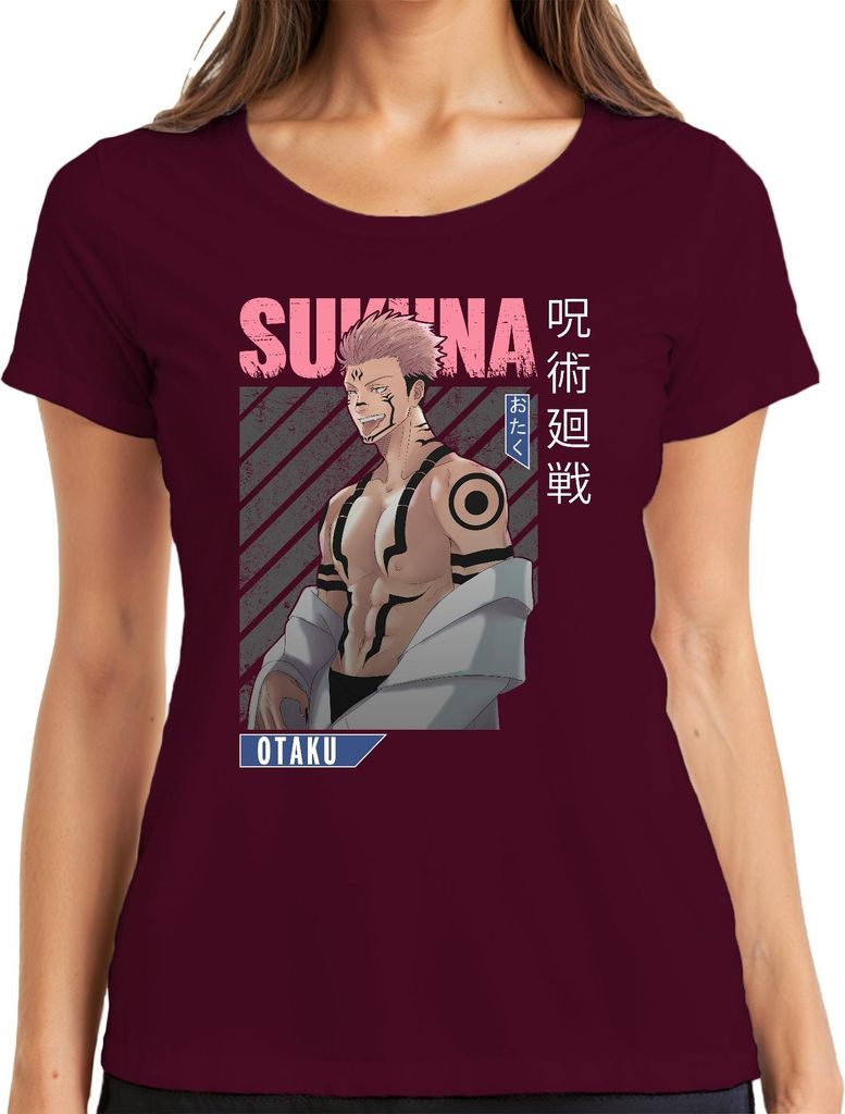 Sukuna Jujutsu Kaisen Otaku Anime Ästhetik Dämon Geschenk Vintage Damen T-Shirt, Burgundy, S