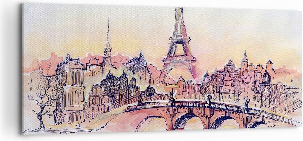 Bild auf Leinwand - Leinwandbild - Brücke Eiffle Illustration Frankreich - 120x50cm - Wand Bild - Wanddeko - Leinwanddruck - Bilder - Kunstdruck -...