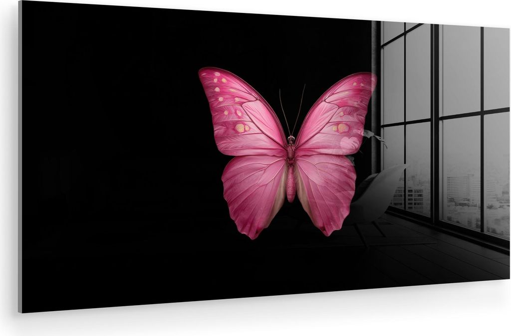 MuchoWow Glasbilder - Bilder auf Wandbild - Foto auf Glas Schmetterling - Rosa - Elegant 120x60 cm Wanddekoration aus Glas - Acrylglasbild - Acrylb...