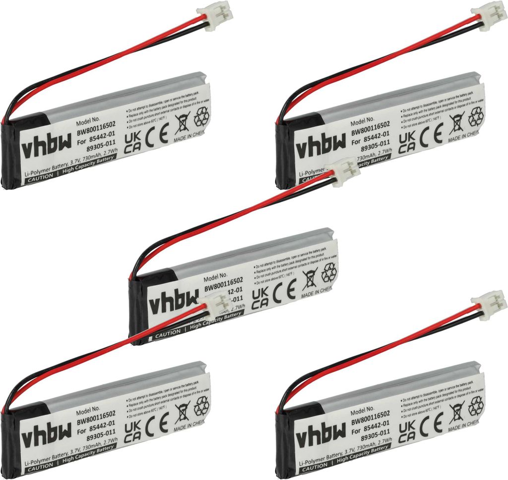 vhbw 5x Akku Ersatz für Plantronics 85442-01, 89305-011 für Lautsprecher Boxen Speaker (730 mAh, 3,7 V, Li-Polymer)