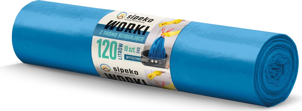 LDPE Worki na śmieci z taśmą SIPEKO 120L 10szt. NIEBIESKIE Zdjęcie produktu 
