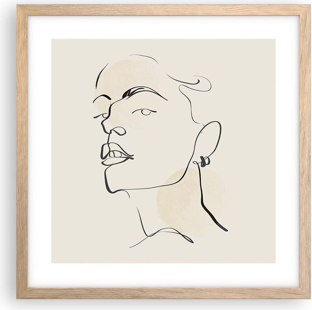Gerahmtes Poster - Rahmen in heller Eiche - Minimalismus Porträt Linie - 40x40 cm - Wand Bild - Wanddeko - Wandbilder - Kunstposter - Wandposter -...