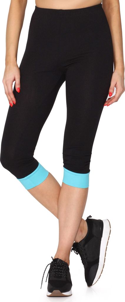 Merry Style Damen Leggings aus Baumwolle mit angenähtem Bündchen MS10-379 (Schwarz/Türkis, M)