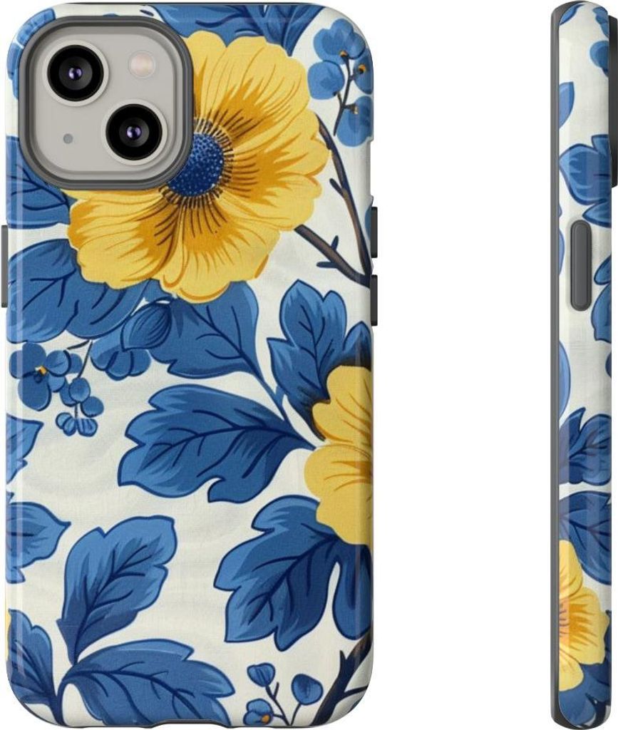 Blau-gelbes Blumenmuster – Hülle Kompatibel mit iPhone 14