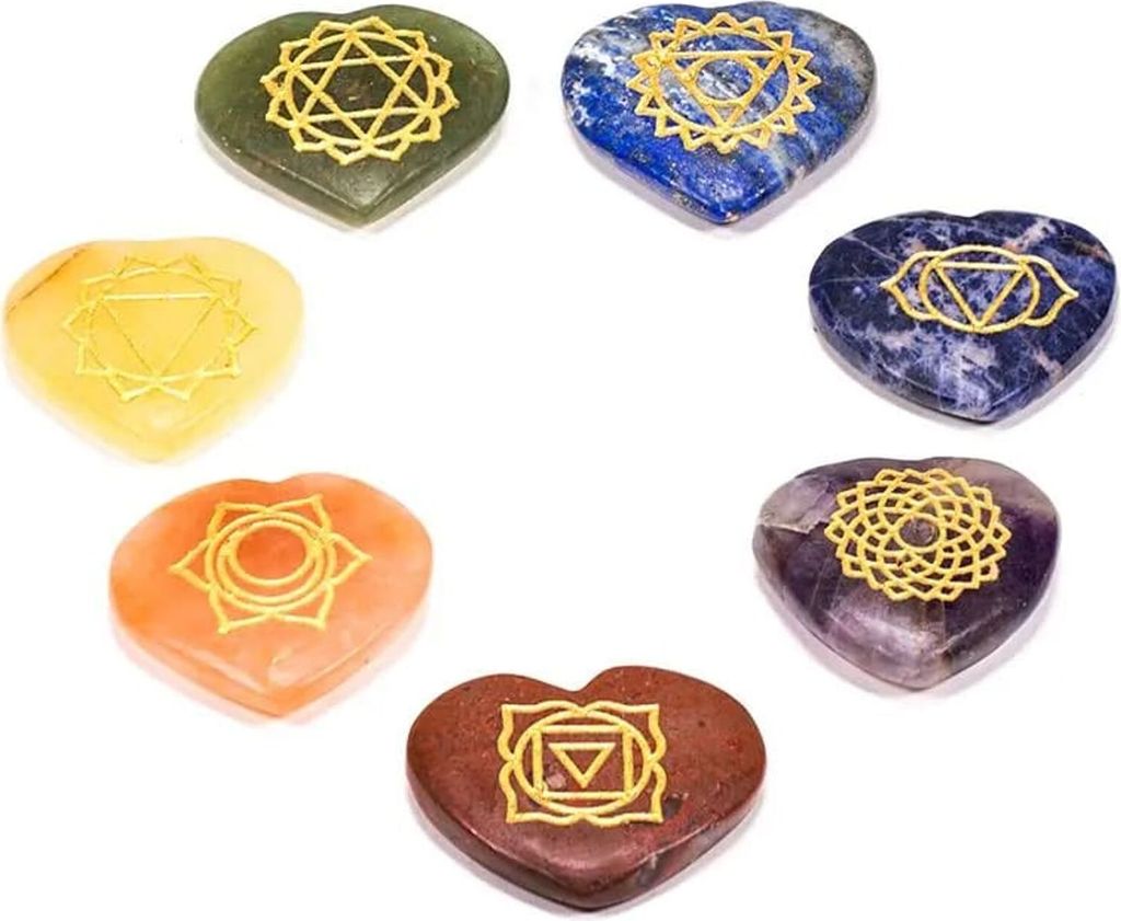 Edelstein SET mit 7 Chakra Symbolsteinen (Herz) -- 3.5 cm