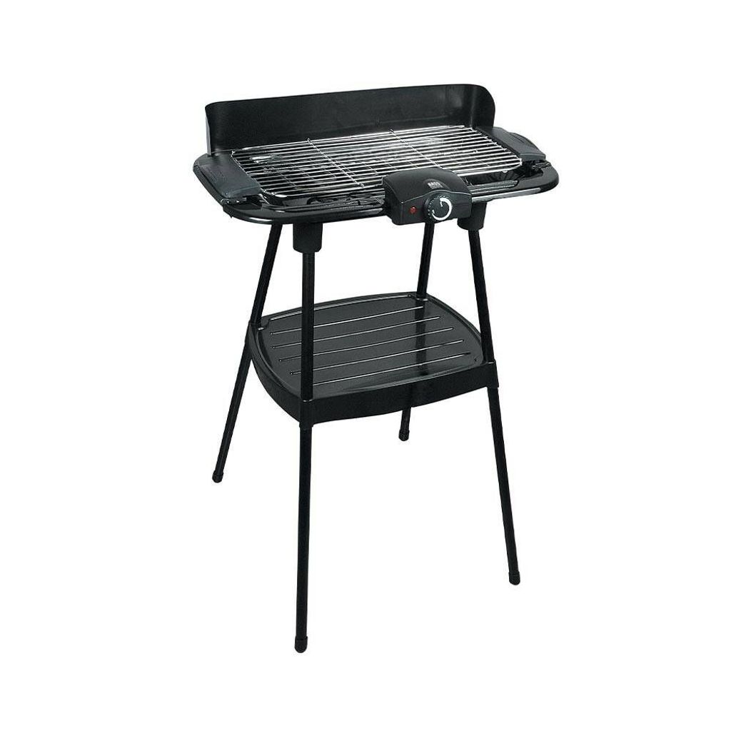 A black electric grill on a stand against a white background.
