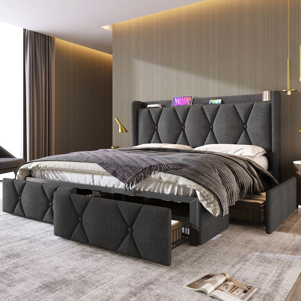 Zerbaco Polsterbett 160x200 cm, mit USB-Ladefunktion im Kopfteil und 4 Schubladen, Doppelbett Stauraumbett, Holz-Lattenrost, Leinen, Grau, Ohne Mat...