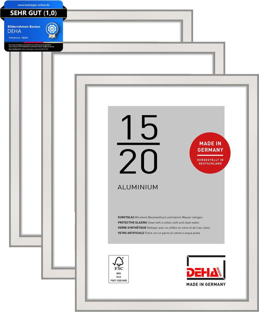 DEHA Design Aluminium Portraitrahmen, Bilderrahmen 3er SET Boston, 15x20 cm, Silber