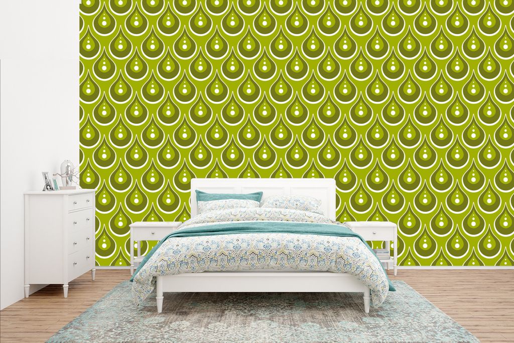 MuchoWow Fototapete für Wohnzimmer oder Schlafzimmer Wandtapete Vinyl Motivtapete Muster - Retro - Regen - Tropfen - Grün - 435x260 cm - Kinder...