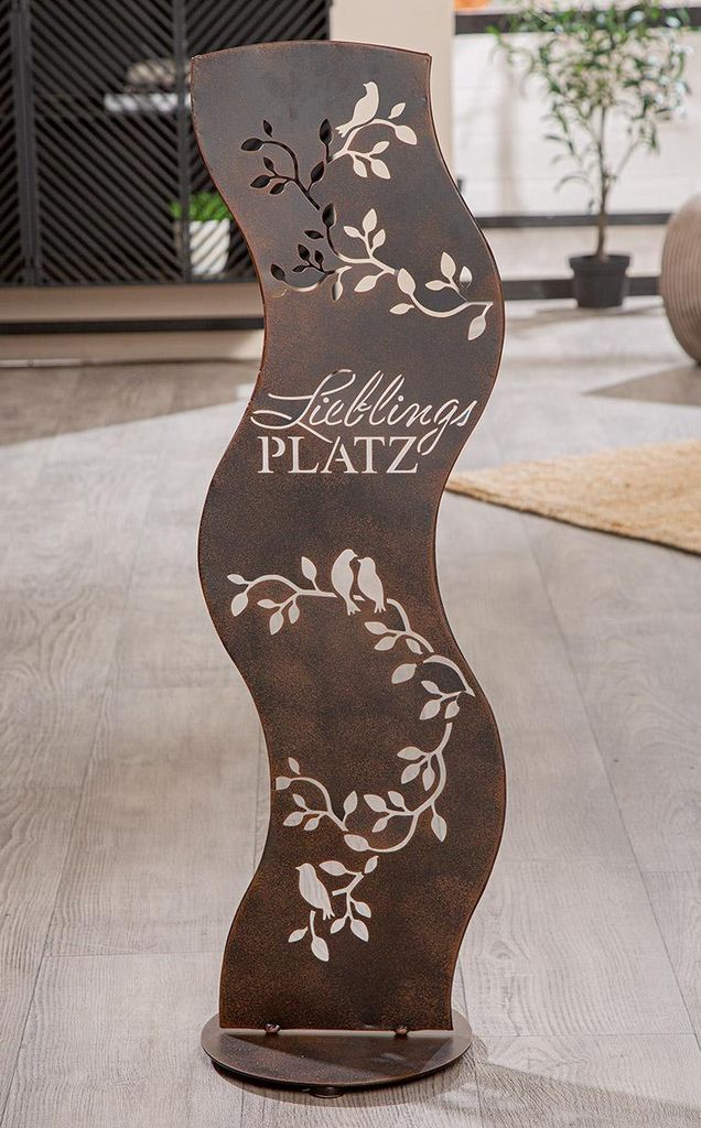 Gilde Standrelief, Welle, "Vogelzweig", Schriftzug, Vogelmotiv, Zweigmotiv, Metall, braun, VE 2, L. 24 cm, B. 29 cm, H. 87 cm 60731 4063387607312