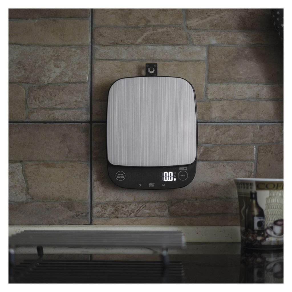 EMOS EV027 - Bilancia da cucina digitale con supporto a parete, bilancia elettronica in acciaio inox fino a 10 kg, precisione 1 grammo, peso in g, kg, ml, oz, lb, tl, batterie