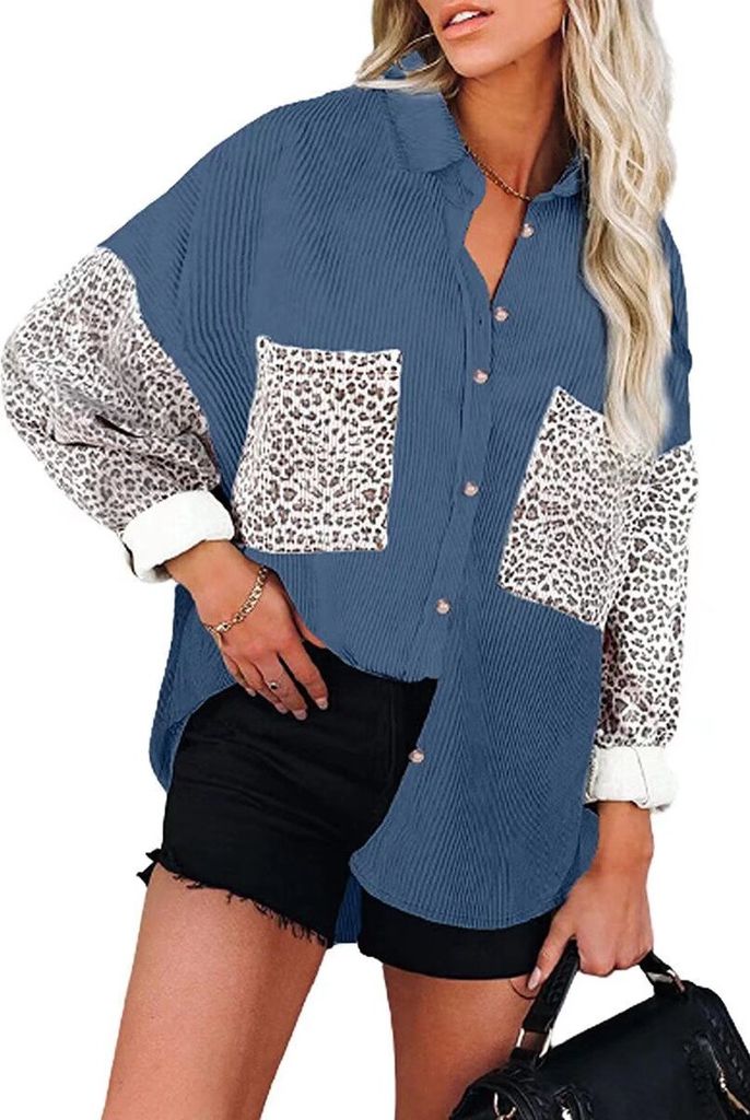 ASKSA Damen Bluse Reverskragen Langarm Shirts Cord Oversized Hemdjacke Knöpfen Cardigan Oberteil, Blau, L