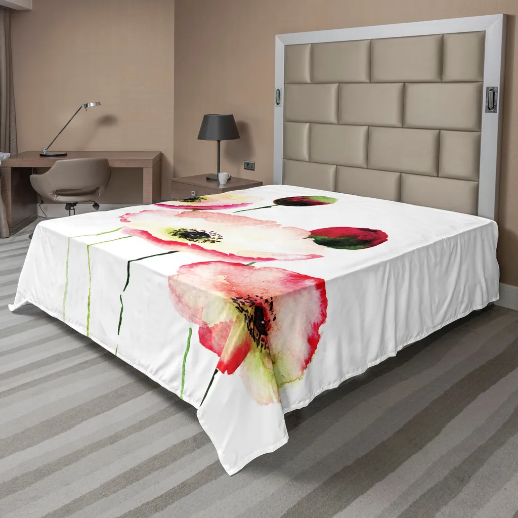 Drap Plat sans Repassage Motif Coquelicot Rouge, Tissu Anti-Plis Durable