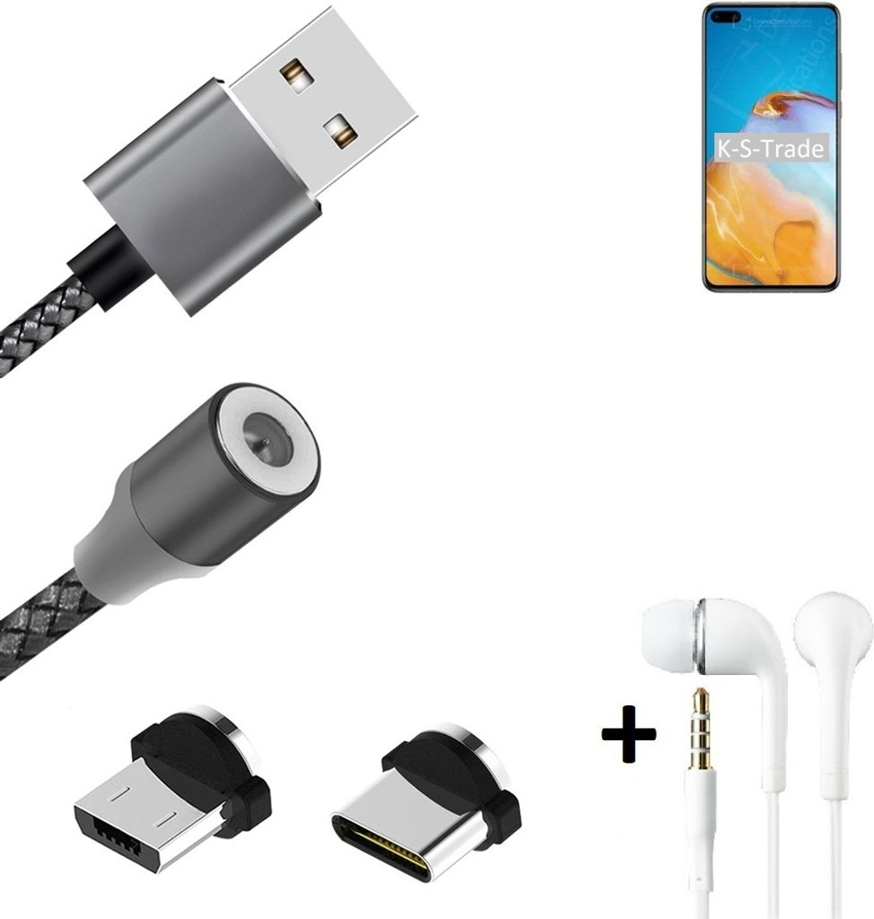 K-S-Trade Hochwertiges Magnet-Lade-kabel Sync-Kabel Daten-Kabel + Kopfhörer kompatibel mit Huawei P40 mit USB-Typ-C-Anschluss und