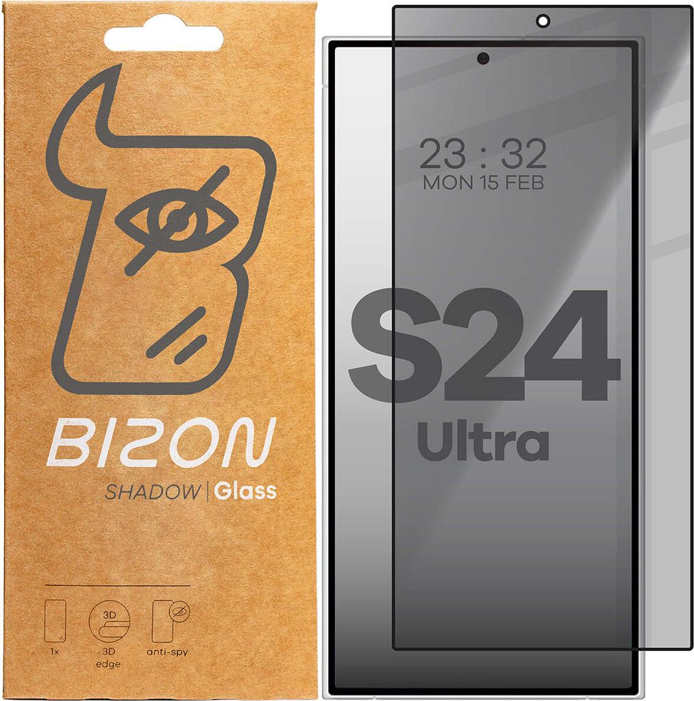 Prywatyzujące szkło hartowane Bizon Glass Edge Shadow do Galaxy S24 Ultra, przyciemniane z czarną ramką