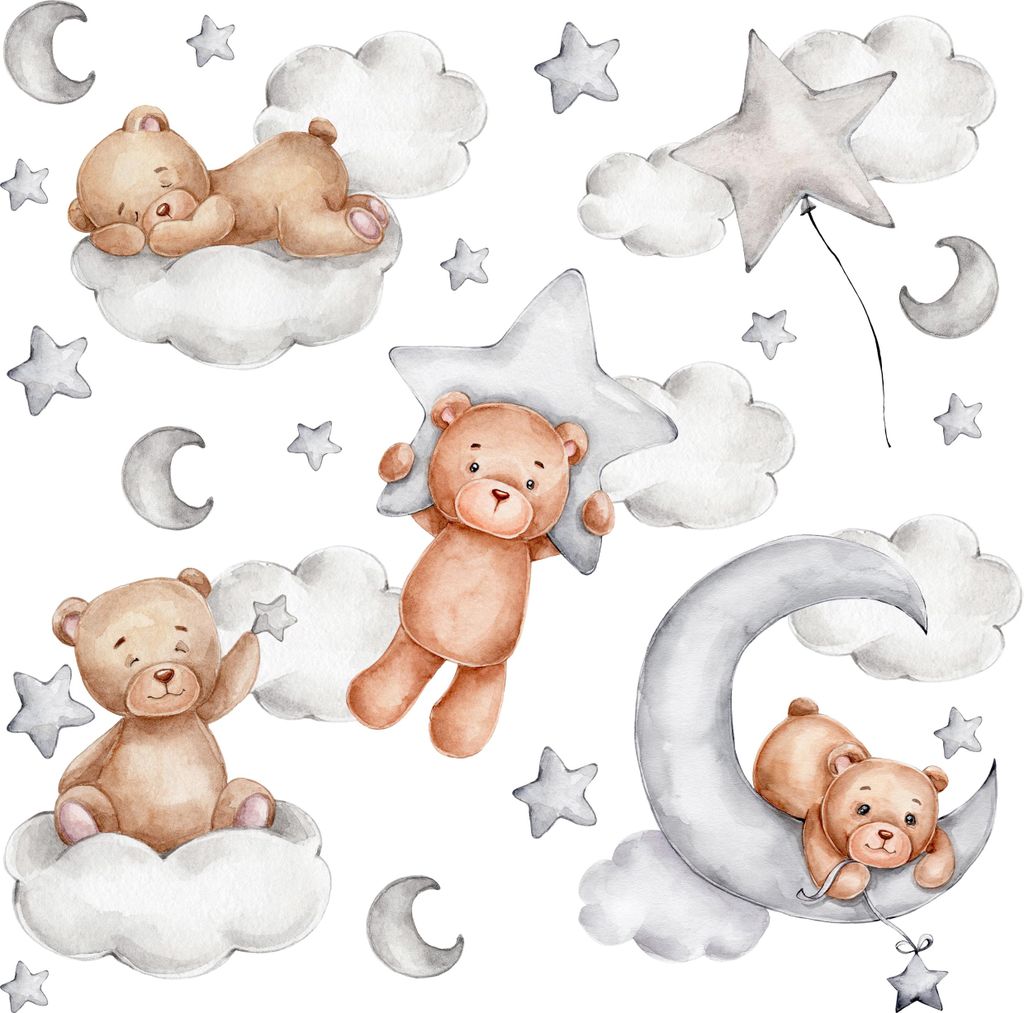 Muralo Wandsticker Set für Kinderzimmer TEDDYBÄREN Wolken 60x30 cm Wandaufkleber Wandtattoos Set für Baby