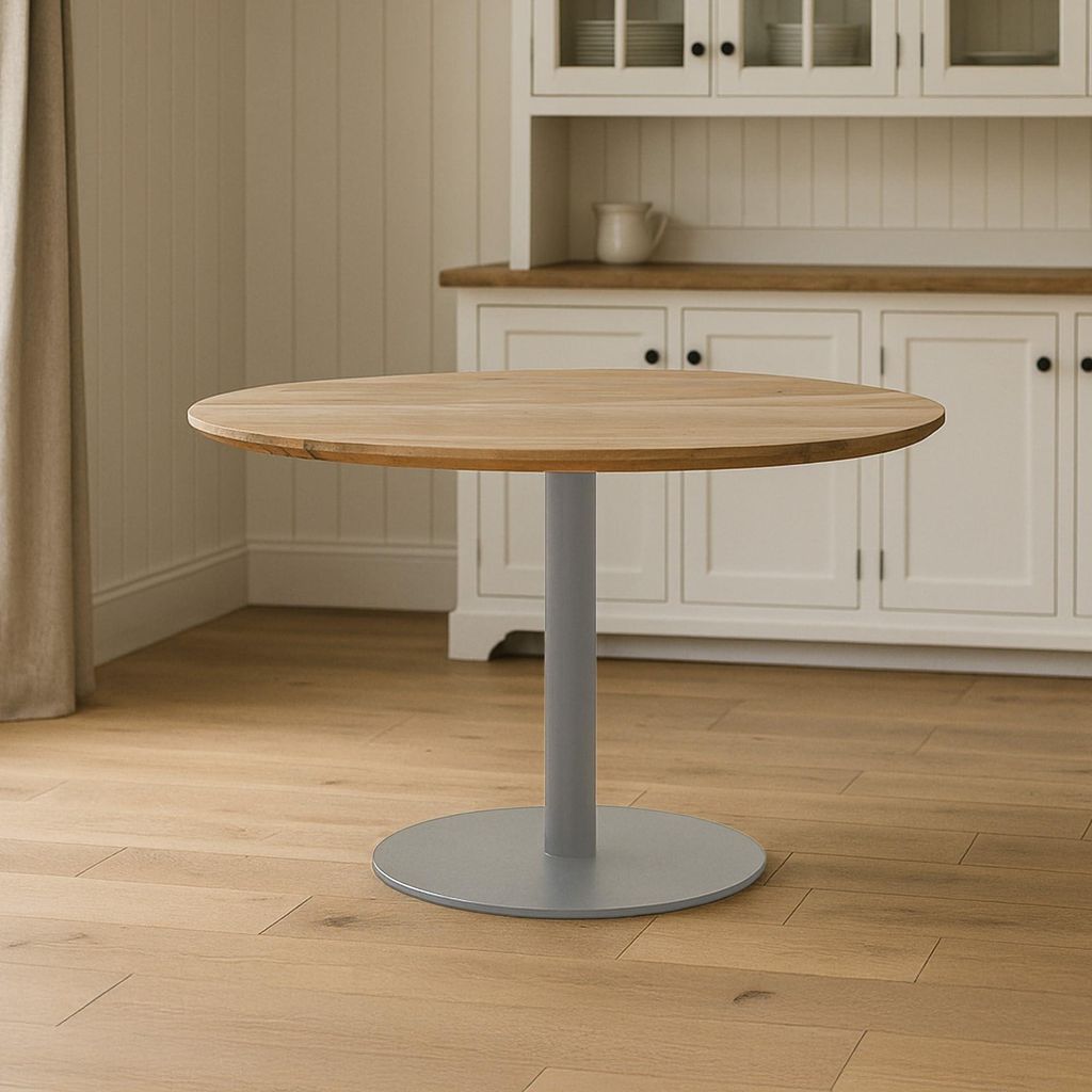 Runder Bistrotisch Brasilian | 110 x 110 cm | Akazienholz massiv | Farbe: Natur | Schweizer Kante | Säulen-Gestell Metall Silber | Holztisch/Säul...