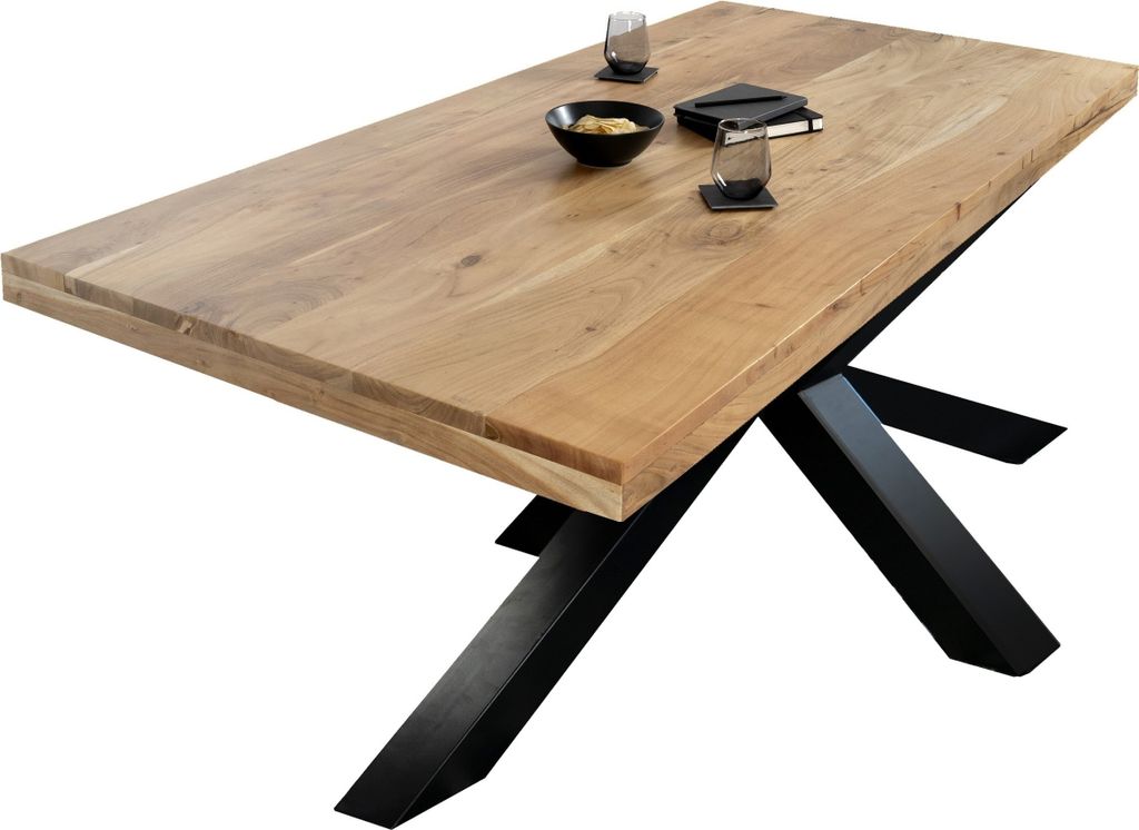 Esstisch Akazie Massiv naturfarben 300 x 100 cm gerade Kanten Spider-Gestell schwarz RIO