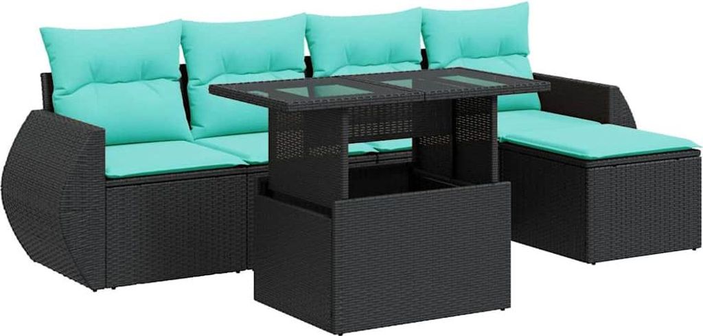 6-tlg. Garten-Sofagarnitur mit Kissen Schwarz Poly Rattan