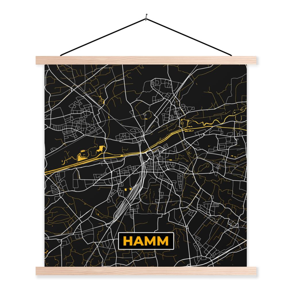 MuchoWow Textilposter Hamm - Karte - Schwarz und Gold - Deutschland - Karte - Gold - Stadtplan 60x60 cm mit holzfarbenen Rahmen - Wanddekoration