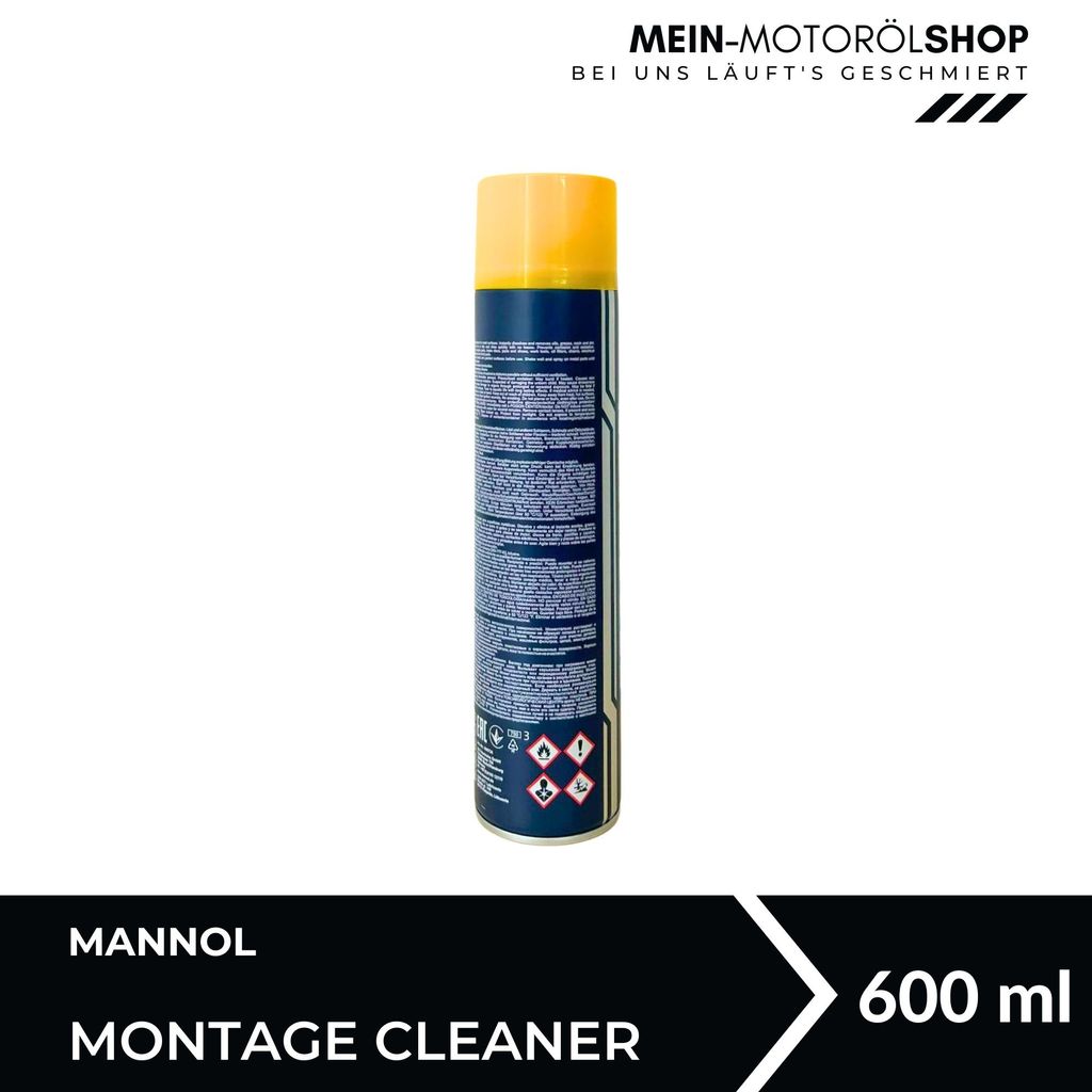 A product shot of a can of Mannol Montage Cleaner on a white background with text at the top and bottom.