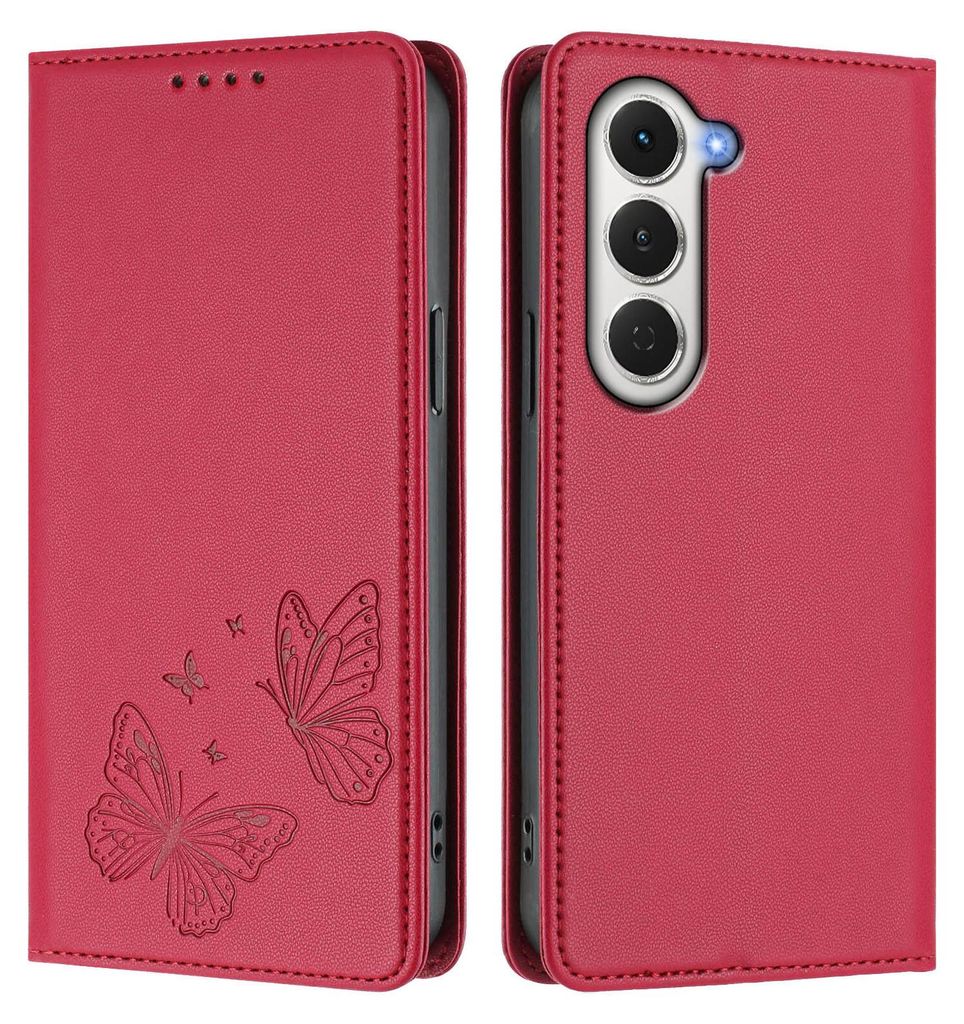 Lederhülle für Tecno Spark 40 Pro, Schmetterling Prägung Leder Brieftasche Schutzhülle mit Ständer Rot