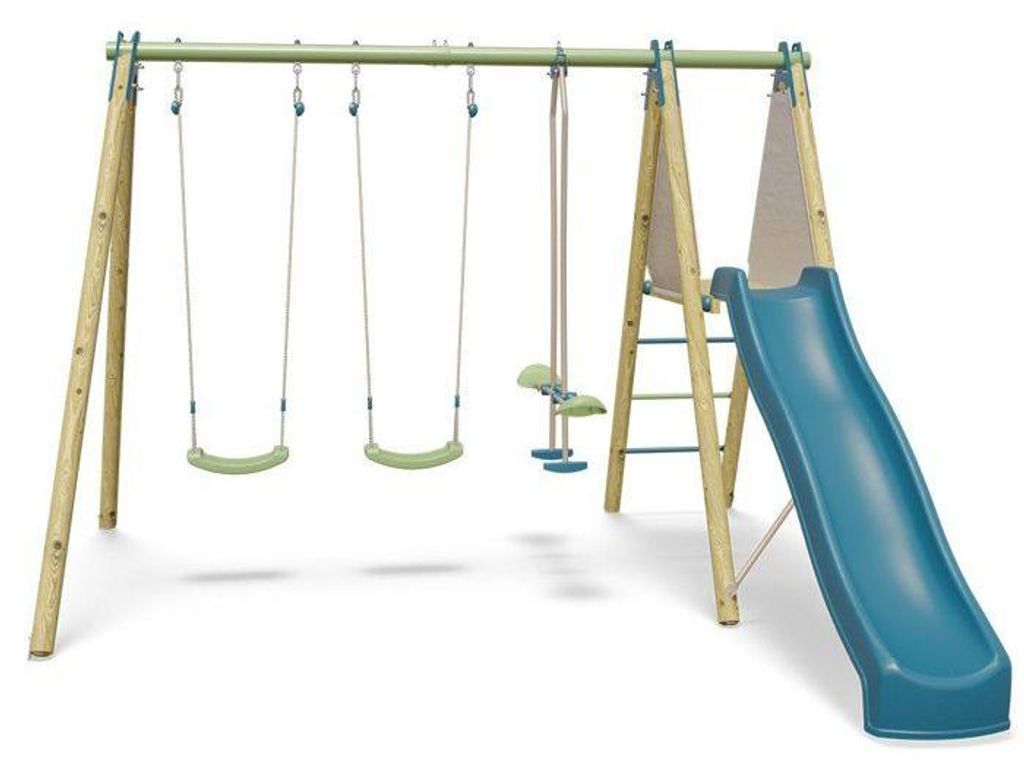 Spielturm aus Holz/Metall OPTIMA 2 ALEO BY TRIGANO, 2,30 m hoch, mit 3 Schaukeln und Rutsche 2,22 m