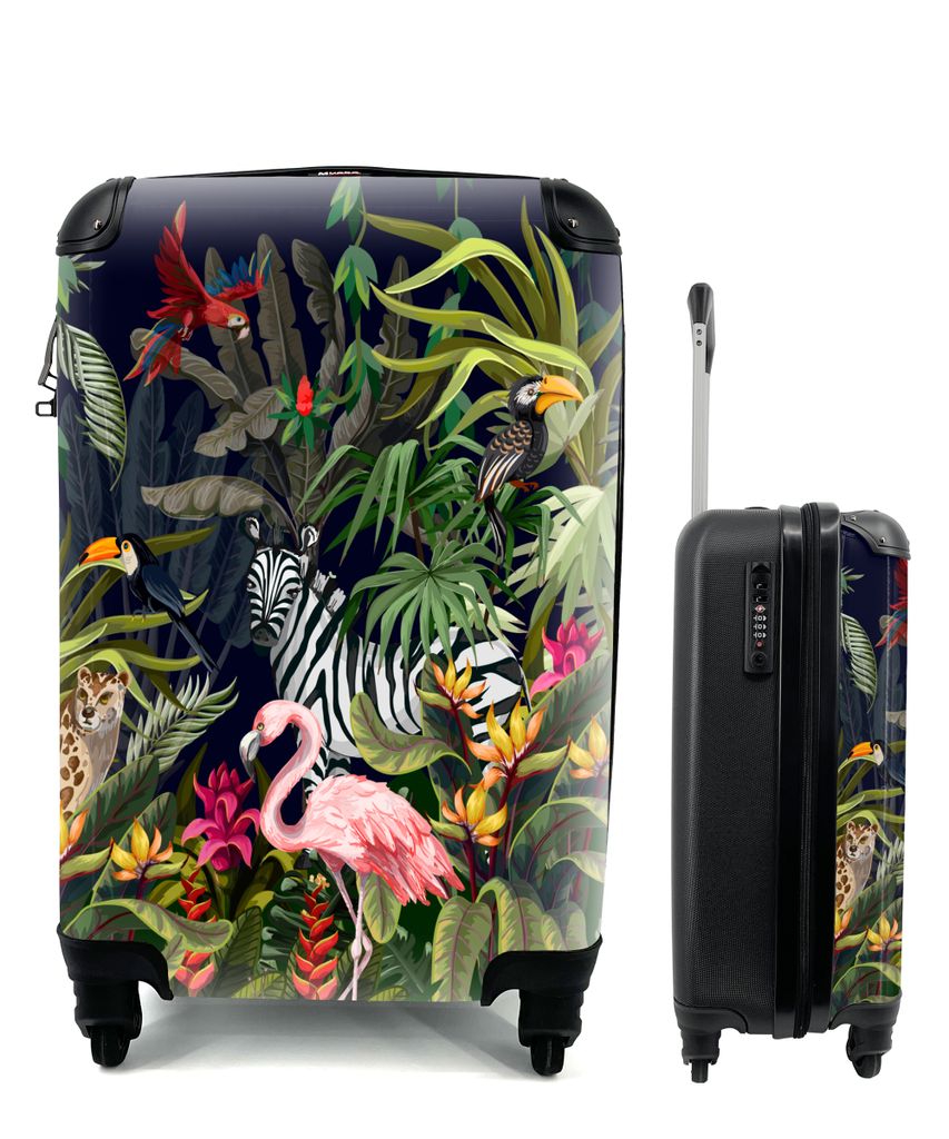 MuchoWow Koffer Handgepäck Trolley Rollkoffer Kleine Reisekoffer mit 4 Rollen - Dschungeltiere - Natur - Jungen - Mädchen - Flamingo - Zebra - ...