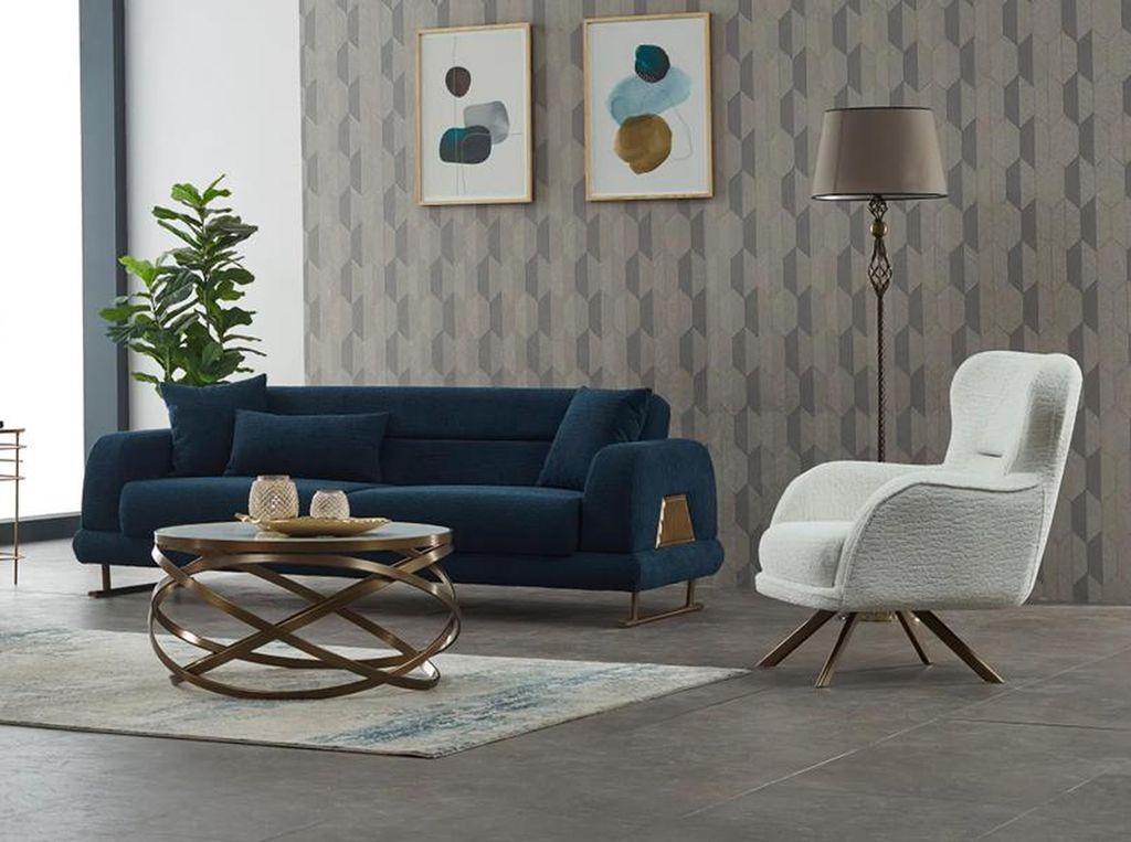 Garnitur Dreisitzer Sessel Couch Stoff 2tlg Polstersofa Sofa Blau Set