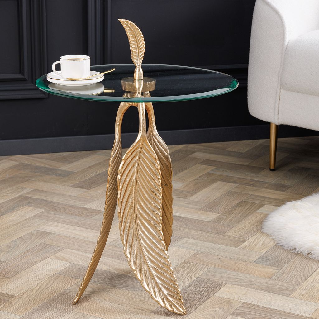 Extravaganter Beistelltisch FEATHER 65cm gold Glasplatte handmade rund