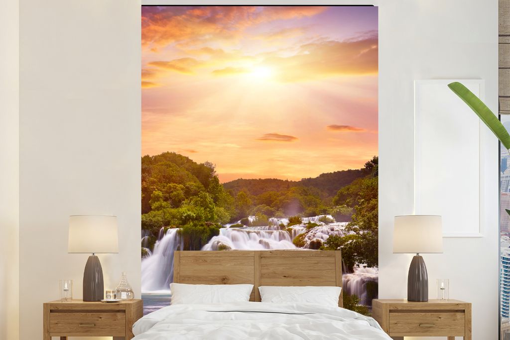 MuchoWow Fototapete für Wohnzimmer oder Schlafzimmer Wandtapete Vinyl Motivtapete Wasserfall - Landschaft - Sonne - Wolken - Sonnenuntergang - 2...