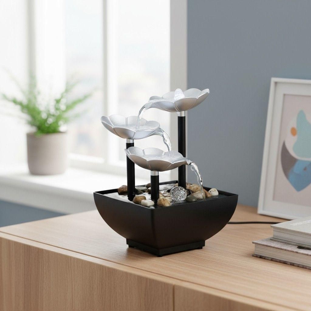 Tischbrunnen für Innenräume - Dekorativer Wasserbrunnen mit Blumen - Feng Shui Innendekoration - Mit warmweißem LED-Licht - USB-Stromversorgung ...
