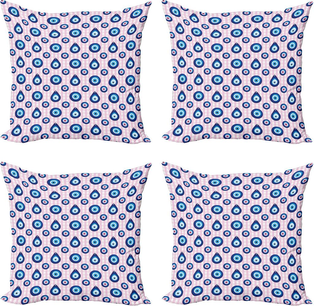 ABAKUHAUS Evil Eye Kissenbezug Set (4 Stück), Perlenformen Checkered, Moderner Doppelseitiger Digitaldruck, 45 cm x 45 cm, Pale Pink, Blau, Weiß
